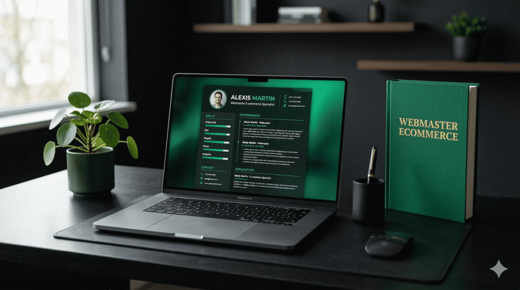 Espace de travail moderne et minimaliste sur fond noir et vert émeraude, présentant un ordinateur portable avec un CV digital et un livre intitulé Webmaster Ecommerce.
