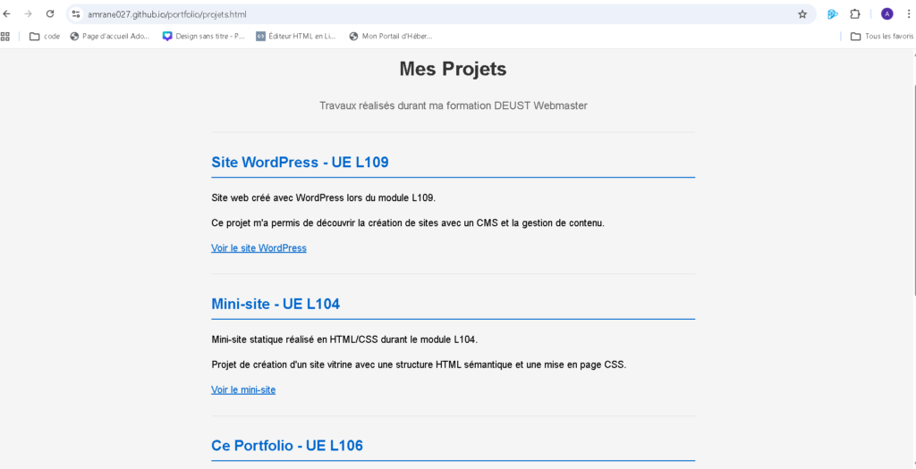 Capture d'écran de la page Mes Projets du portfolio GitHub présentant une liste de réalisations web.