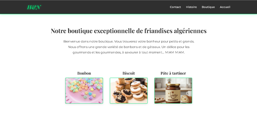 Capture d'écran de la page d'accueil du site vitrine « Les Délices d'Algérie », illustrant le design et l'ergonomie réalisés par Amrane Setbel pour ce projet webmaster.